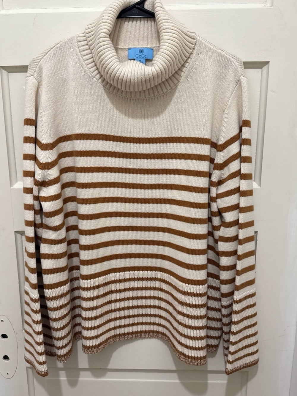 CeCe Cream and Brown Striped Cowl Neck Sweater